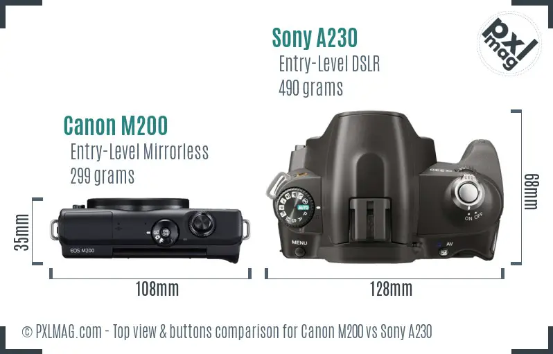 Canon M200 vs Sony A230 top view buttons comparison