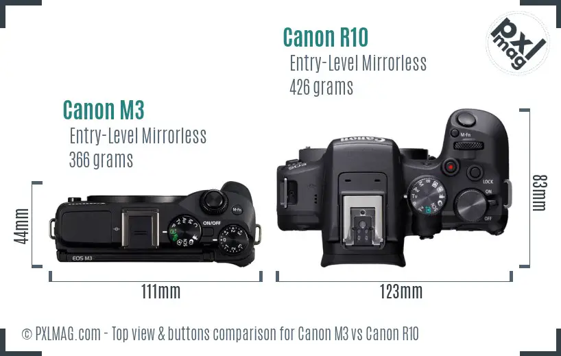 Canon M3 vs Canon R10 top view buttons comparison