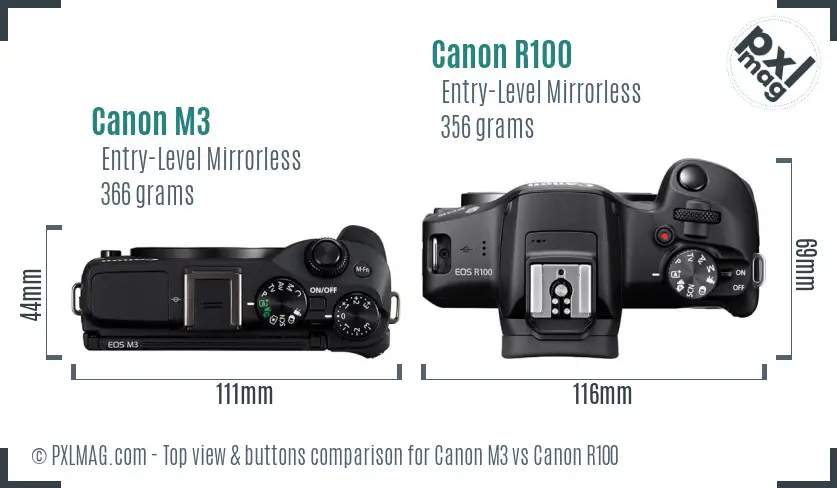 Canon M3 vs Canon R100 top view buttons comparison