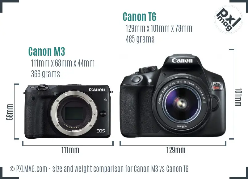 Canon M3 vs Canon T6 size comparison