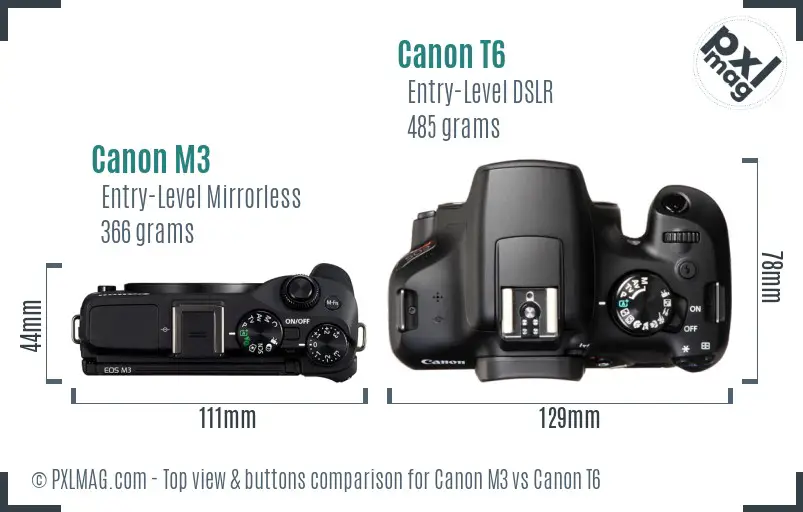 Canon M3 vs Canon T6 top view buttons comparison