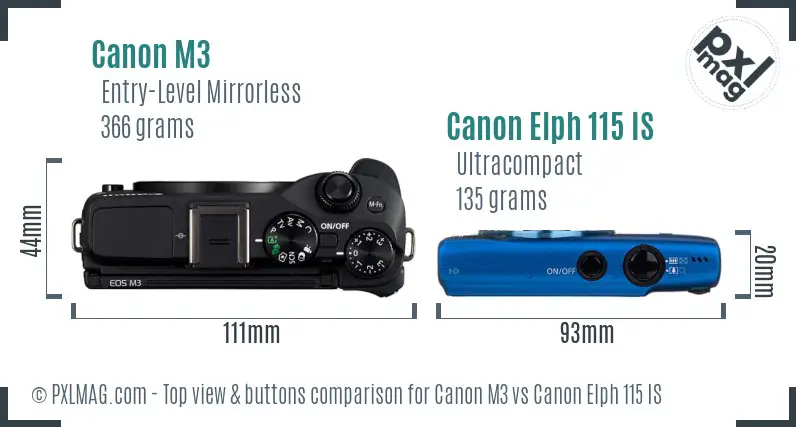 Canon M3 vs Canon Elph 115 IS top view buttons comparison Canon M3 vs Canon Elph 115 IS top view buttons comparison