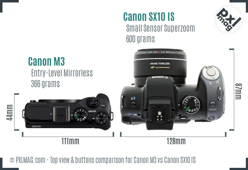 Canon M3 vs Canon SX10 IS top view buttons comparison Canon M3 vs Canon SX10 IS top view buttons comparison