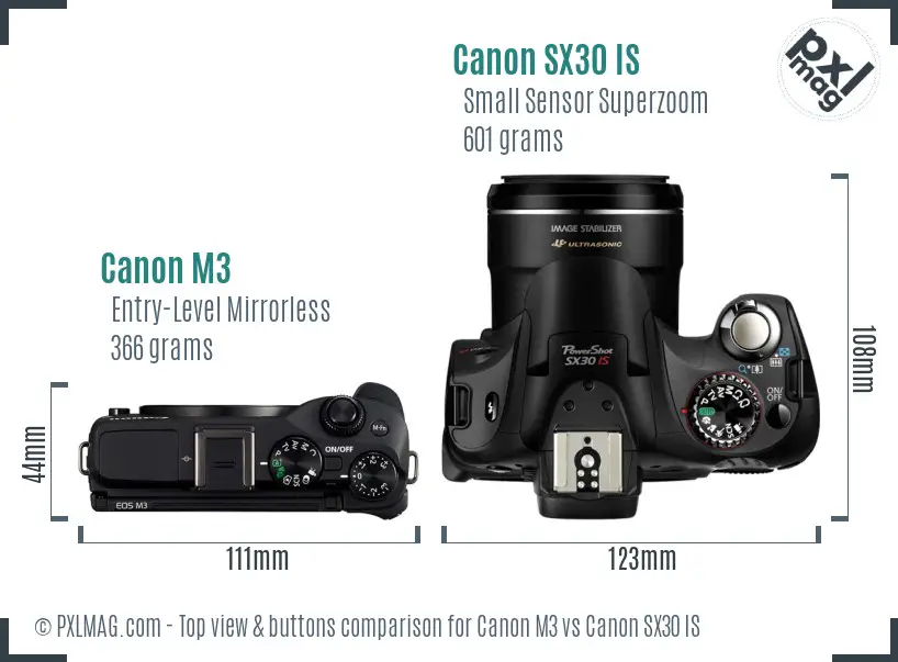 Canon M3 vs Canon SX30 IS top view buttons comparison