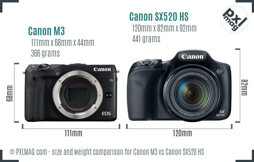 Canon M3 vs Canon SX520 HS size comparison