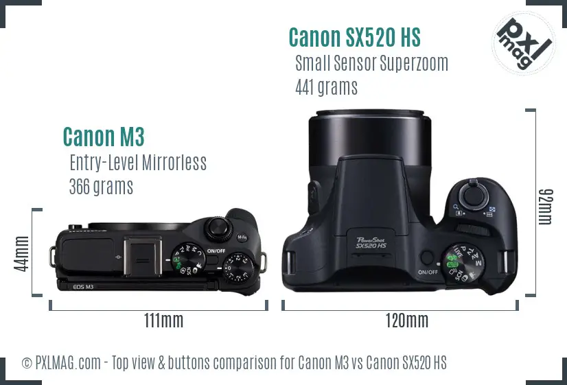 Canon M3 vs Canon SX520 HS top view buttons comparison
