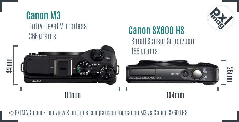 Canon M3 vs Canon SX600 HS top view buttons comparison