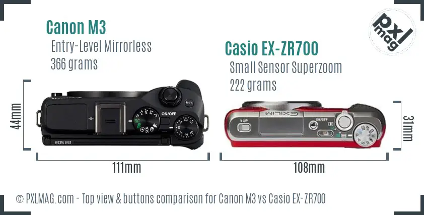 Canon M3 vs Casio EX-ZR700 top view buttons comparison