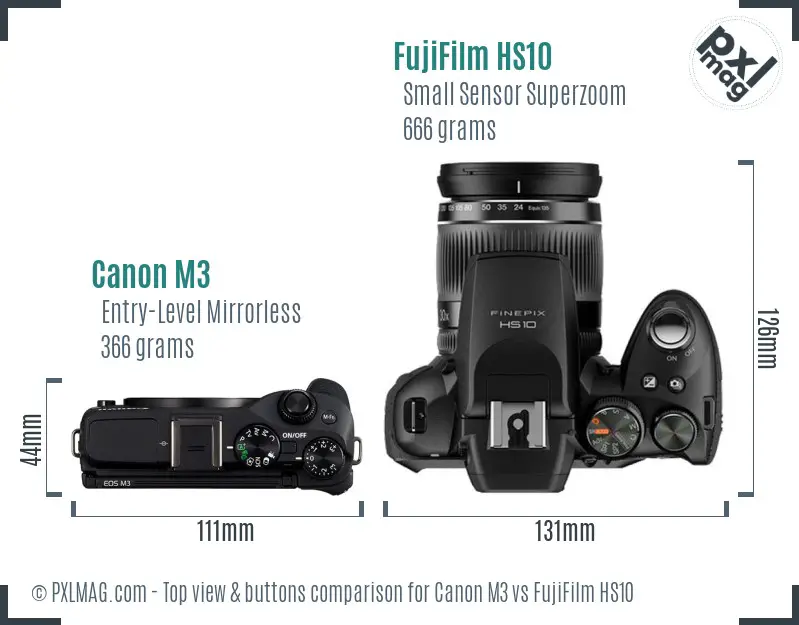 Canon M3 vs FujiFilm HS10 top view buttons comparison