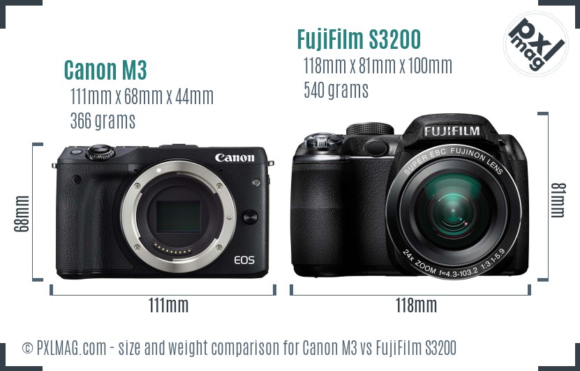 Canon M3 vs FujiFilm S3200 size comparison