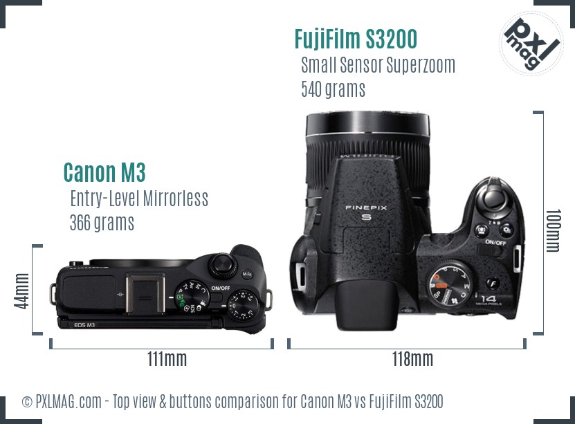 Canon M3 vs FujiFilm S3200 top view buttons comparison