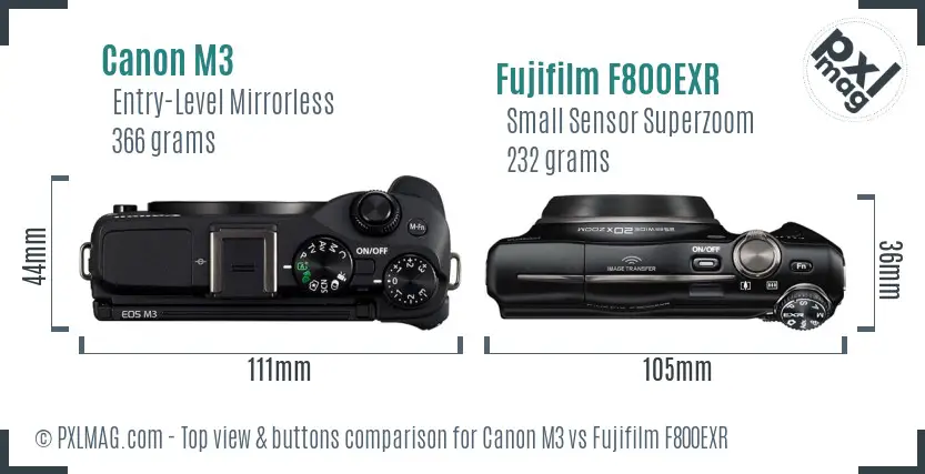 Canon M3 vs Fujifilm F800EXR top view buttons comparison