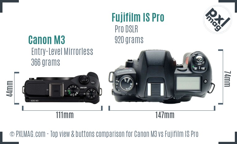 Canon M3 vs Fujifilm IS Pro top view buttons comparison