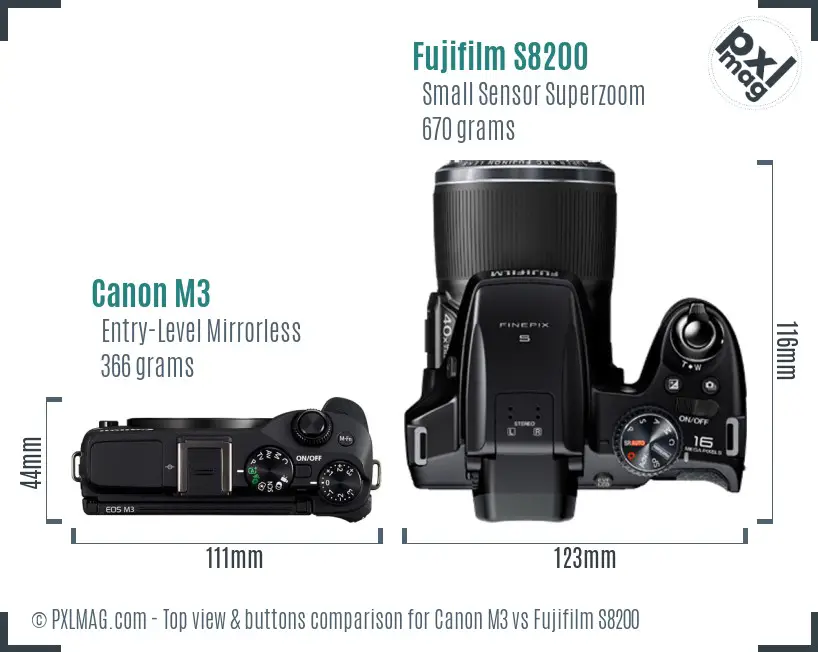 Canon M3 vs Fujifilm S8200 top view buttons comparison Canon M3 vs Fujifilm S8200 top view buttons comparison