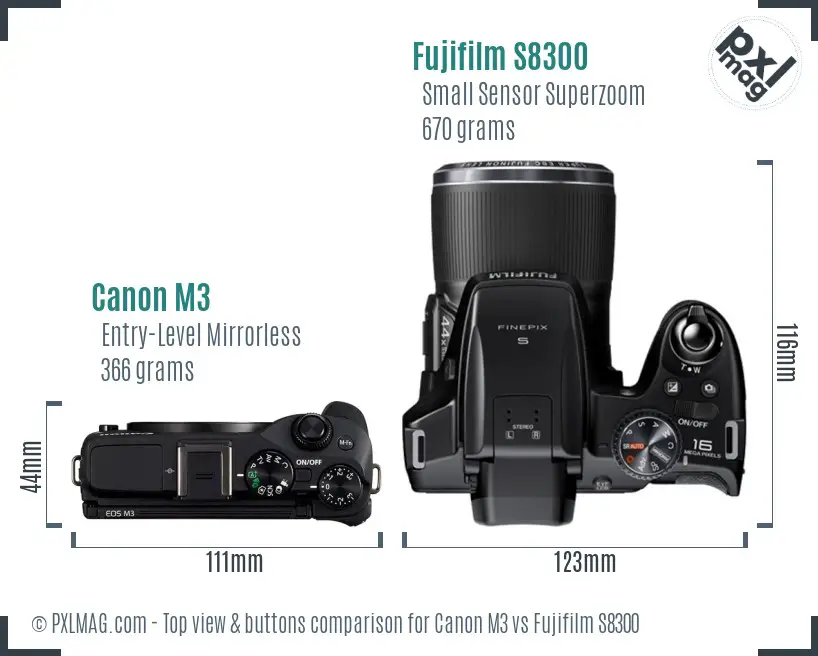 Canon M3 vs Fujifilm S8300 top view buttons comparison