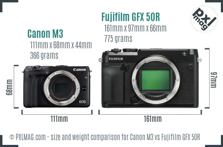 Canon M3 vs Fujifilm GFX 50R size comparison