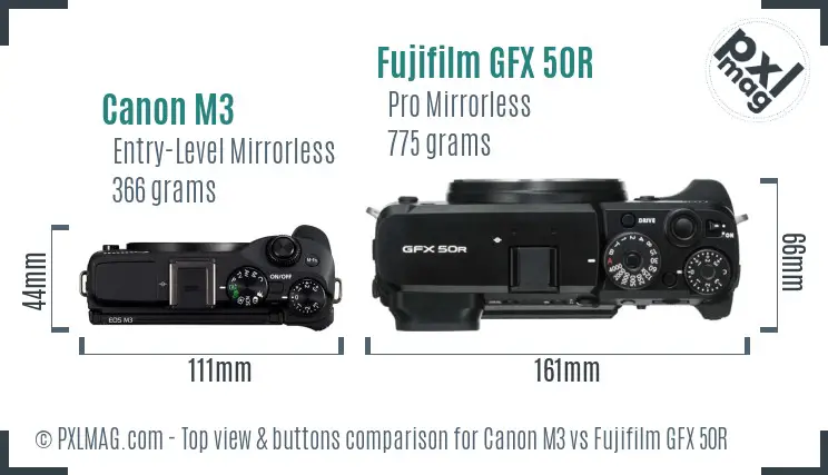 Canon M3 vs Fujifilm GFX 50R top view buttons comparison