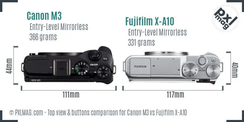 Canon M3 vs Fujifilm X-A10 top view buttons comparison