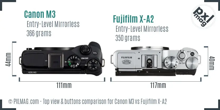 Canon M3 vs Fujifilm X-A2 top view buttons comparison