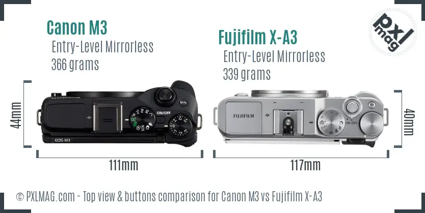 Canon M3 vs Fujifilm X-A3 top view buttons comparison