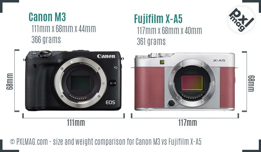 Canon M3 vs Fujifilm X-A5 size comparison