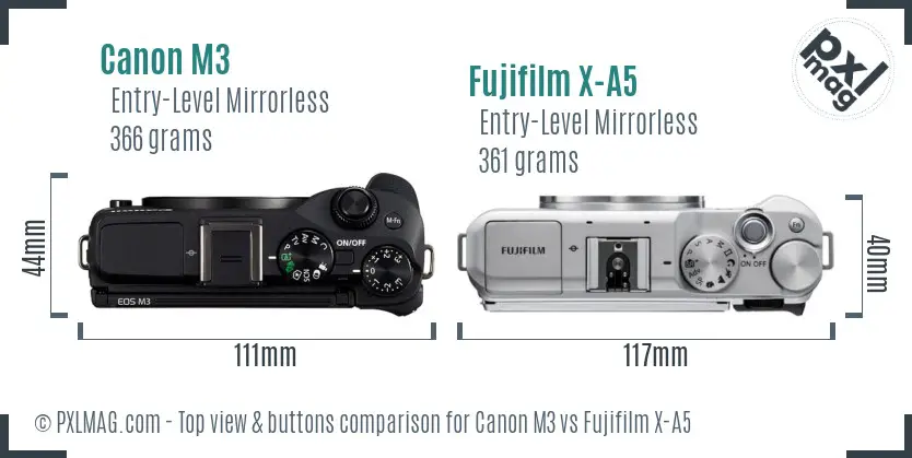 Canon M3 vs Fujifilm X-A5 top view buttons comparison