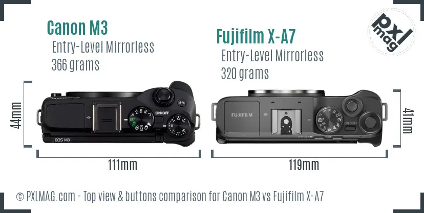 Canon M3 vs Fujifilm X-A7 top view buttons comparison