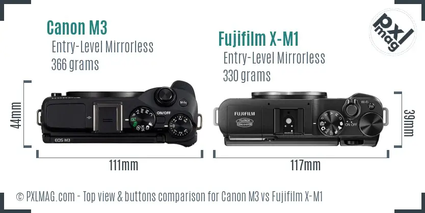 Canon M3 vs Fujifilm X-M1 top view buttons comparison