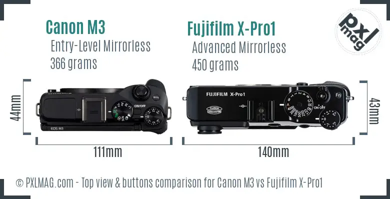 Canon M3 vs Fujifilm X-Pro1 top view buttons comparison