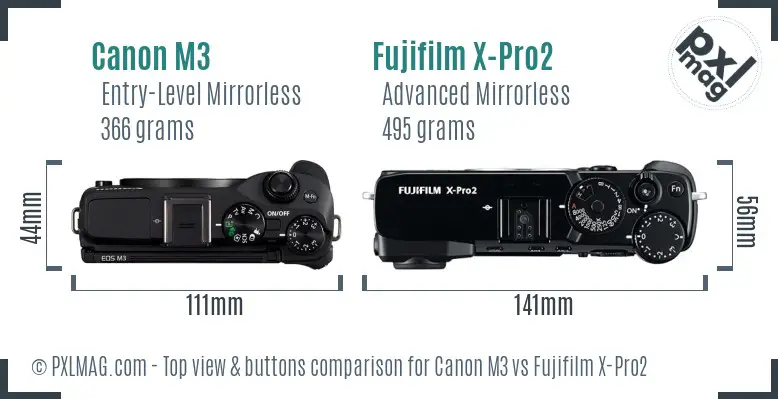 Canon M3 vs Fujifilm X-Pro2 top view buttons comparison