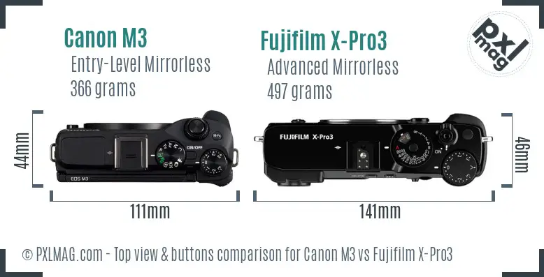Canon M3 vs Fujifilm X-Pro3 top view buttons comparison Canon M3 vs Fujifilm X-Pro3 top view buttons comparison