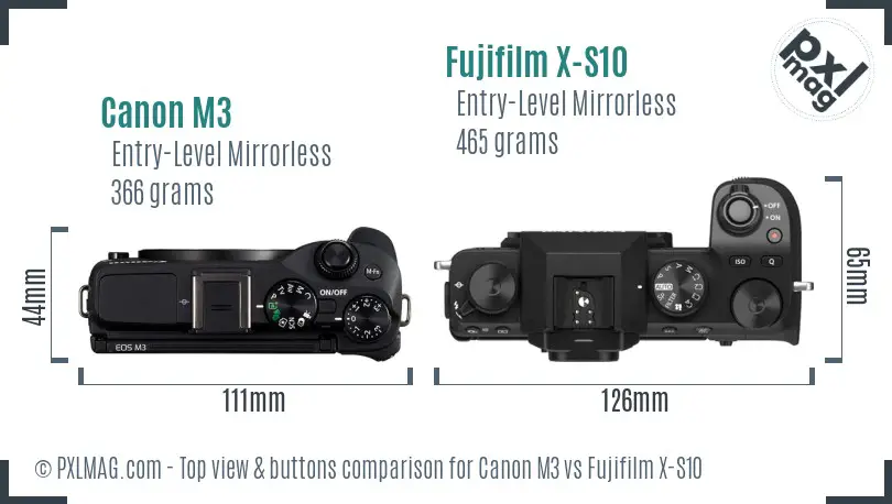 Canon M3 vs Fujifilm X-S10 top view buttons comparison