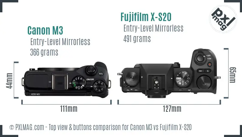 Canon M3 vs Fujifilm X-S20 top view buttons comparison
