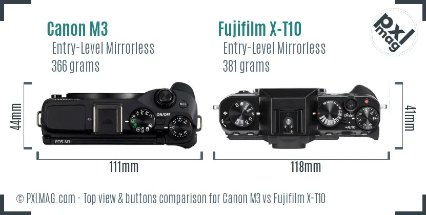Canon M3 vs Fujifilm X-T10 top view buttons comparison