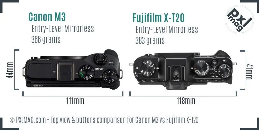 Canon M3 vs Fujifilm X-T20 top view buttons comparison