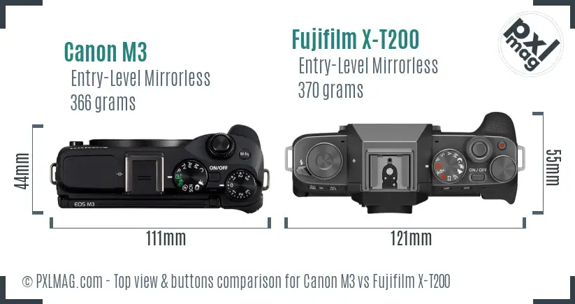 Canon M3 vs Fujifilm X-T200 top view buttons comparison