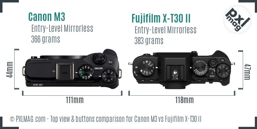 Canon M3 vs Fujifilm X-T30 II top view buttons comparison