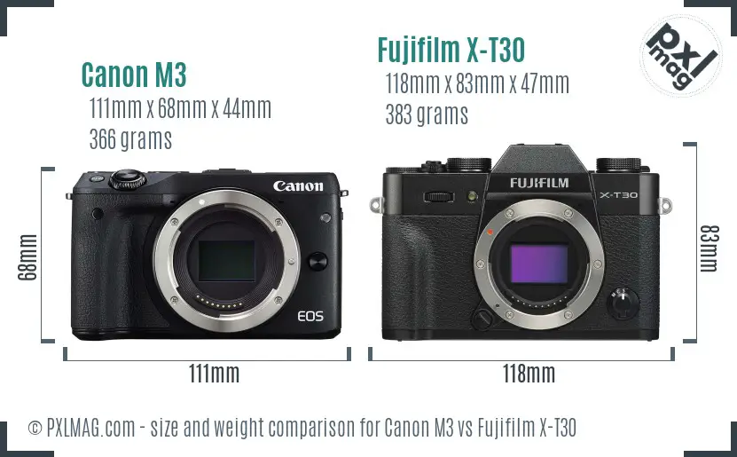 Canon M3 vs Fujifilm X-T30 size comparison