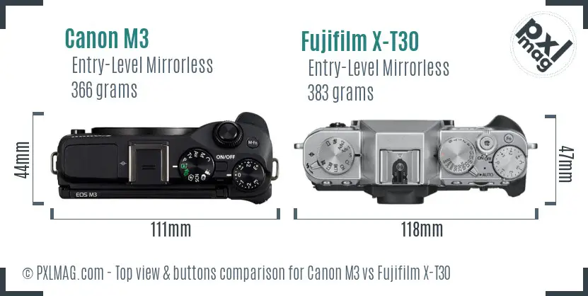 Canon M3 vs Fujifilm X-T30 top view buttons comparison
