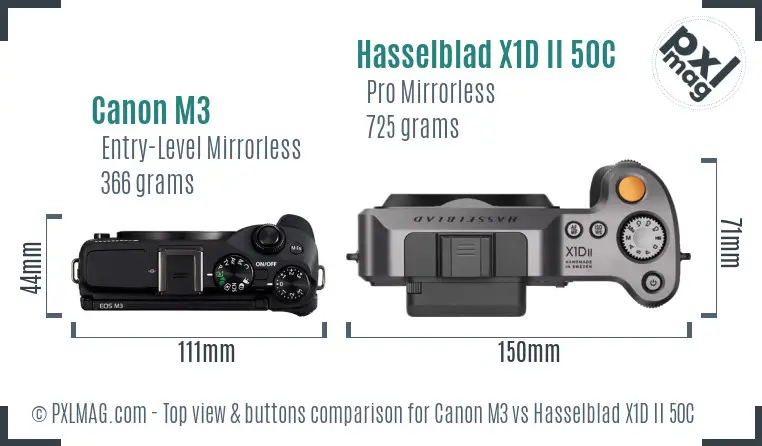 Canon M3 vs Hasselblad X1D II 50C top view buttons comparison Canon M3 vs Hasselblad X1D II 50C top view buttons comparison