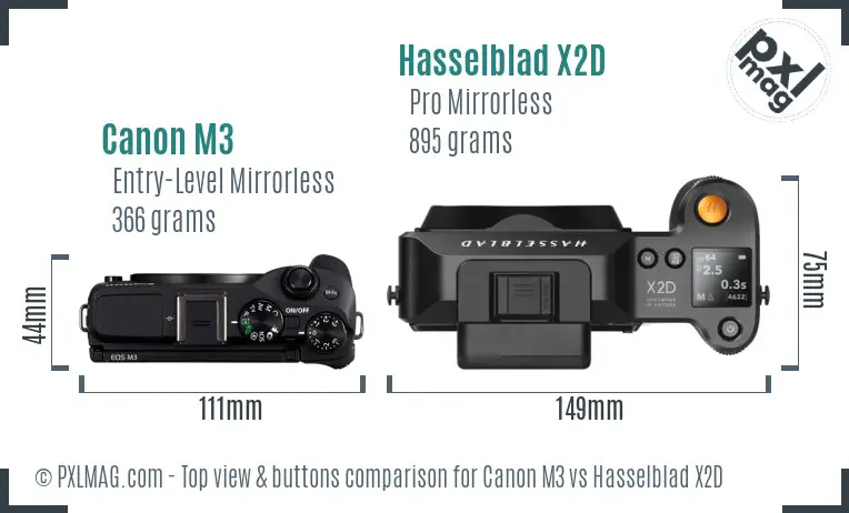 Canon M3 vs Hasselblad X2D top view buttons comparison Canon M3 vs Hasselblad X2D top view buttons comparison