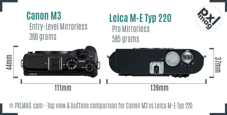 Canon M3 vs Leica M-E Typ 220 top view buttons comparison