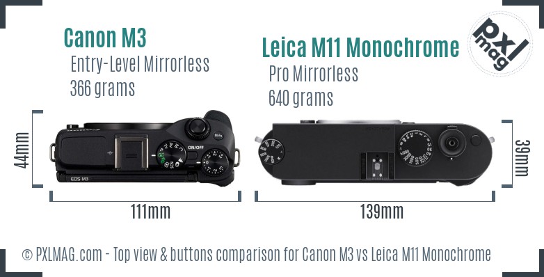 Canon M3 vs Leica M11 Monochrome top view buttons comparison