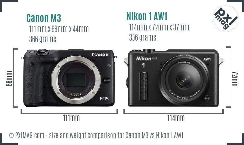 Canon M3 vs Nikon 1 AW1 size comparison