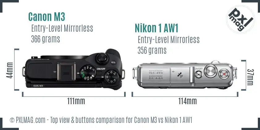 Canon M3 vs Nikon 1 AW1 top view buttons comparison