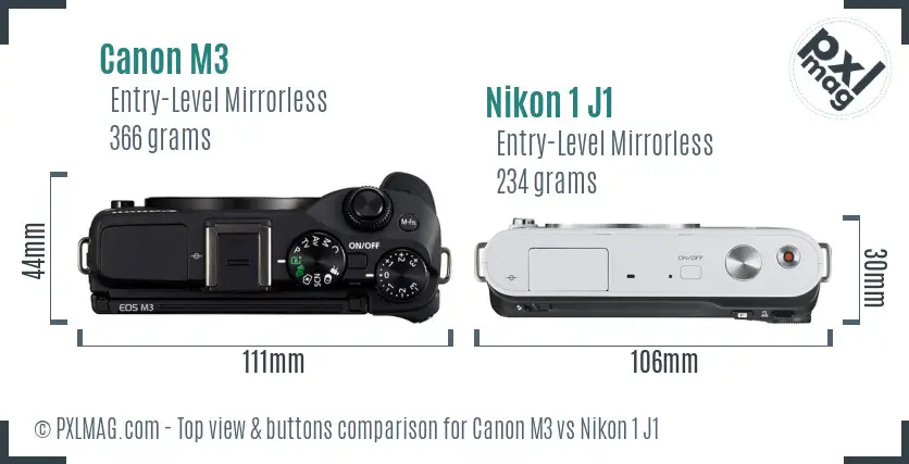 Canon M3 vs Nikon 1 J1 top view buttons comparison