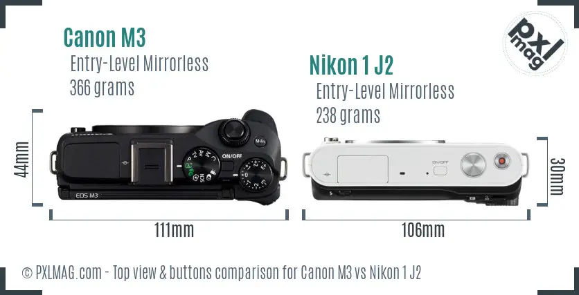 Canon M3 vs Nikon 1 J2 top view buttons comparison