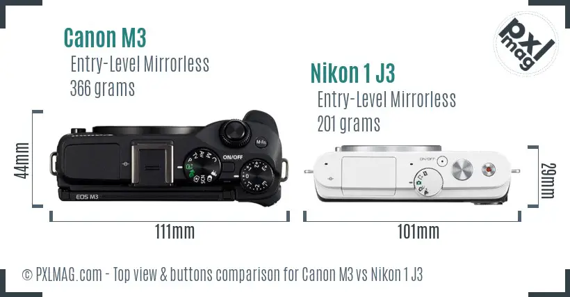 Canon M3 vs Nikon 1 J3 top view buttons comparison