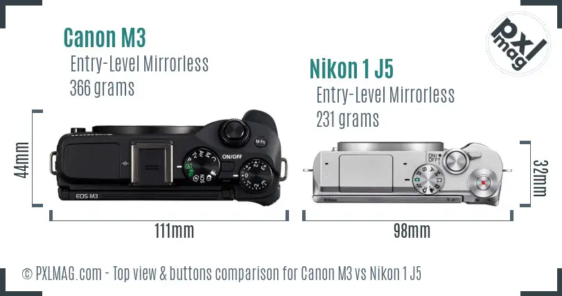 Canon M3 vs Nikon 1 J5 top view buttons comparison