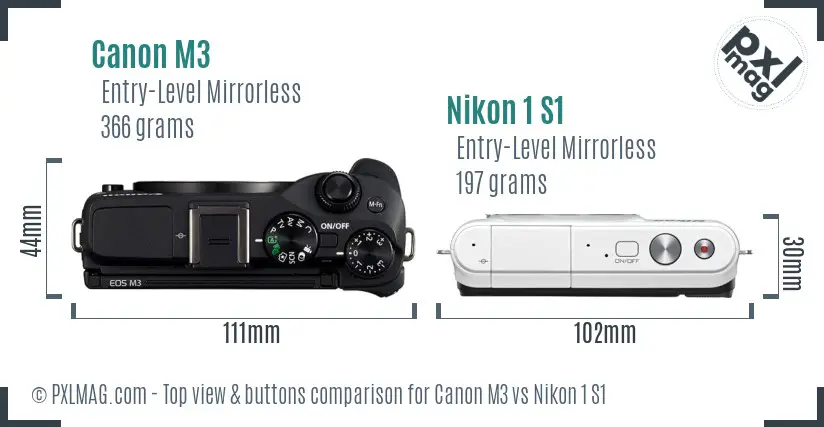 Canon M3 vs Nikon 1 S1 top view buttons comparison